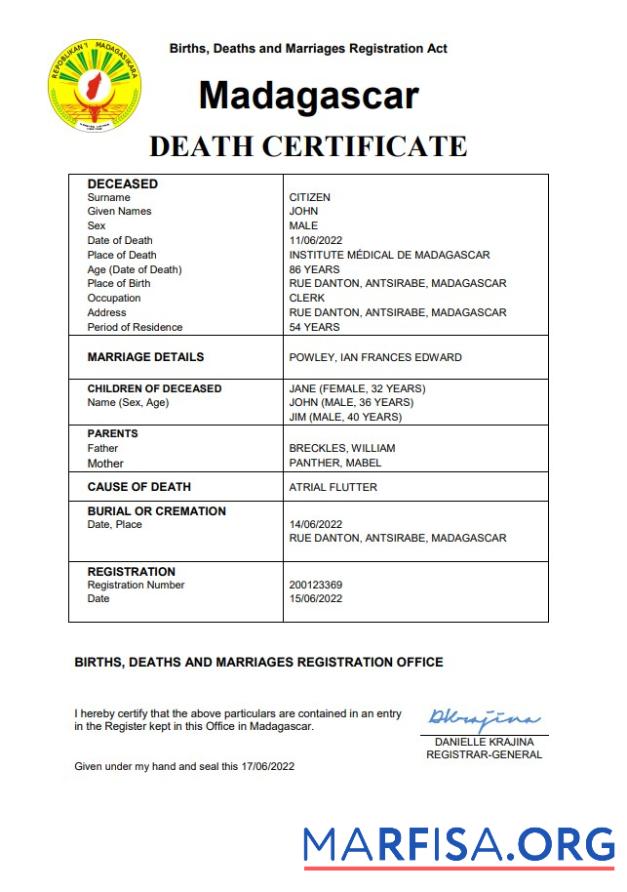 Downloadable Madagascar vital record death certificate Word and PDF template